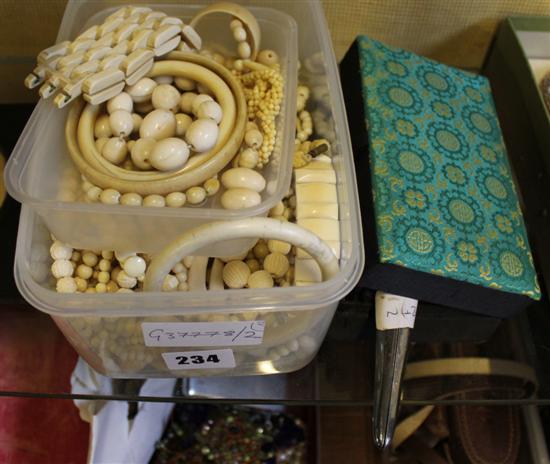 Ivory & bone jewellery and a box of costume jewellery